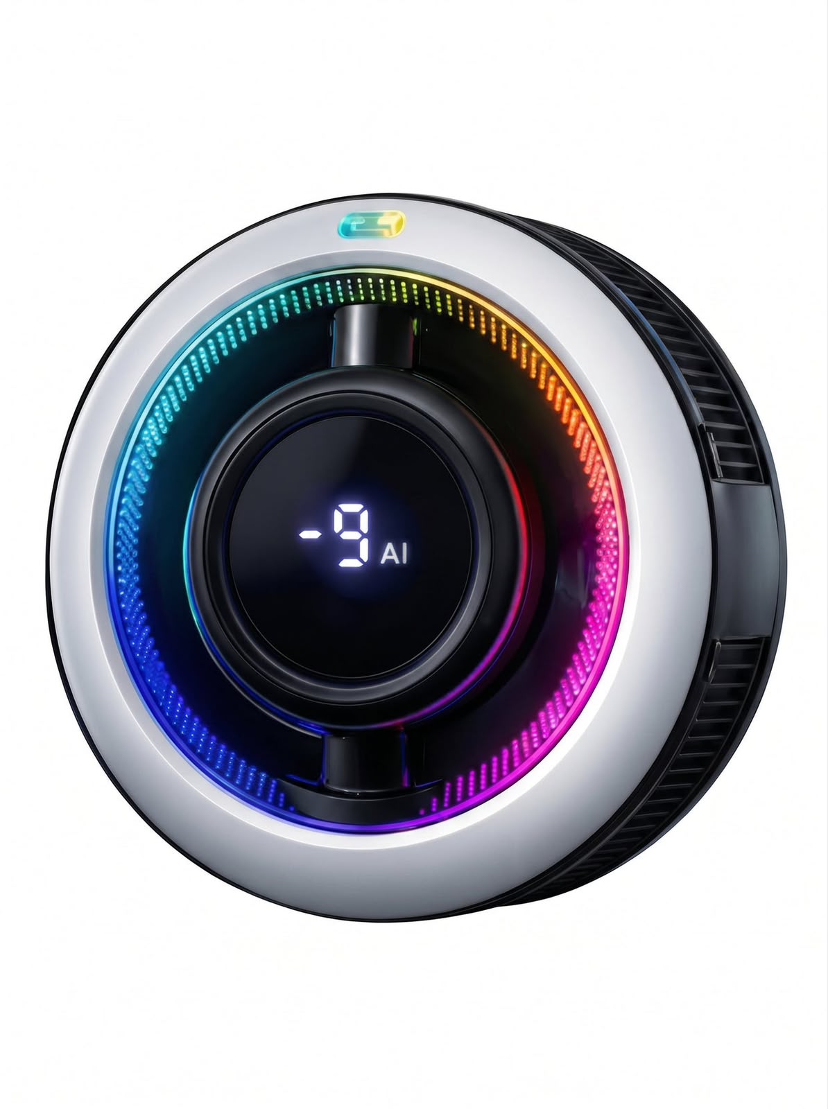 MEMO CX17 Phone Cooling Fan - close-up front view with RGB ring lighting and digital temperature display