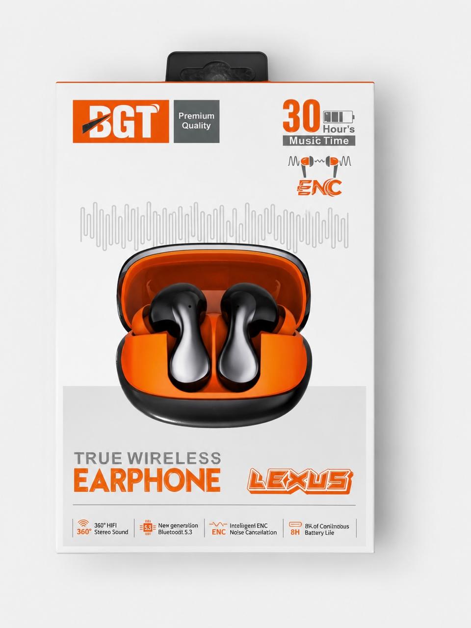 BGT Lexus True Wireless Earbuds – Bluetooth 5.3, ENC Noise Cancellation, 30H Playtime (Black & Orange)