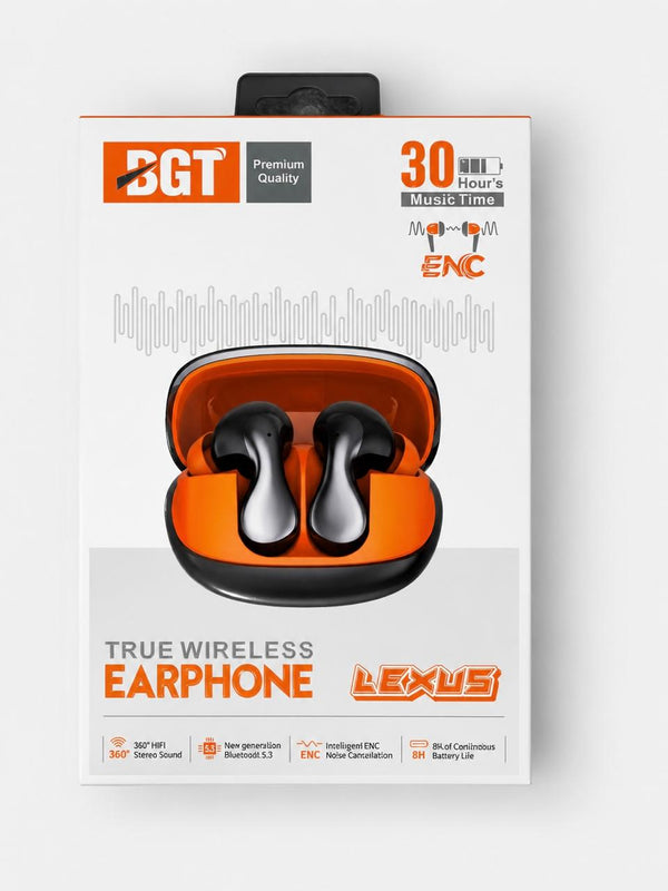 BGT Lexus True Wireless Earbuds – Bluetooth 5.3, ENC Noise Cancellation, 30H Playtime (Black & Orange)