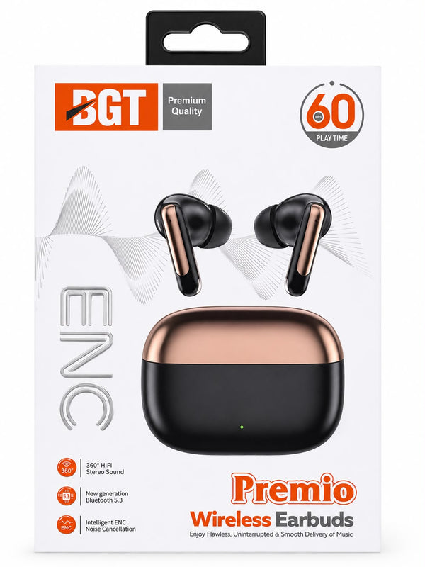 BGT Premio Wireless Earbuds – Bluetooth 5.3, ENC Noise Cancellation, 60H Playtime (Black/Rose Gold)