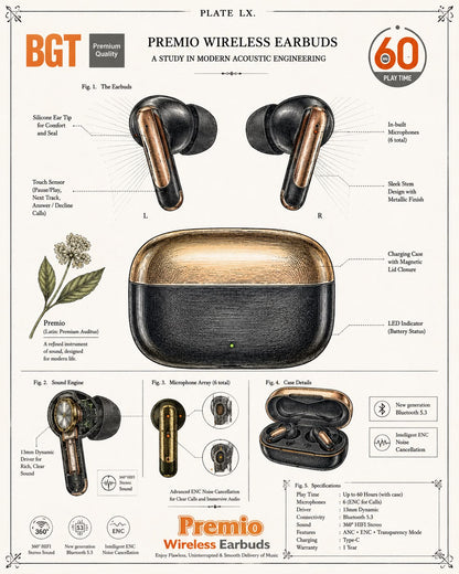 BGT Premio Wireless Earbuds – Bluetooth 5.3, ENC Noise Cancellation, 60H Playtime (Black/Rose Gold)