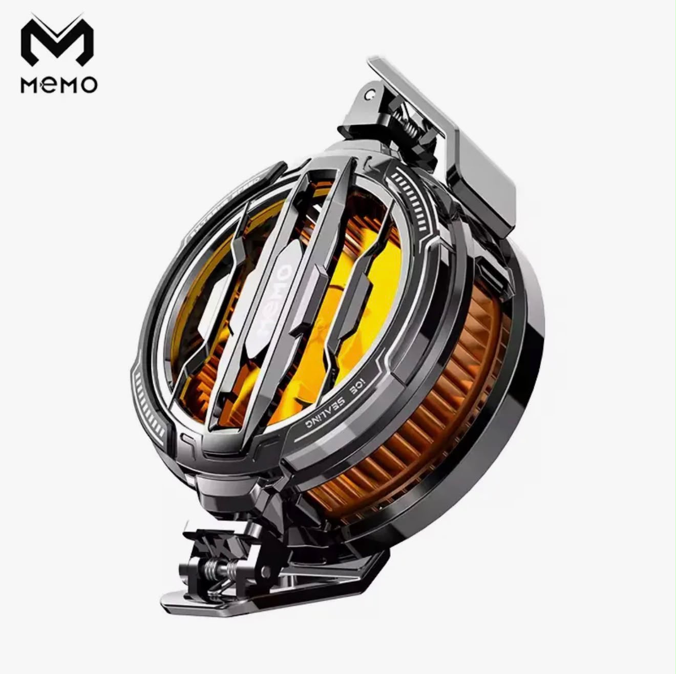 MEMO CX07 Magnetic Mobile Cooling Fan close-up - Black/Gray body with Orange cooling fins and magnetic base