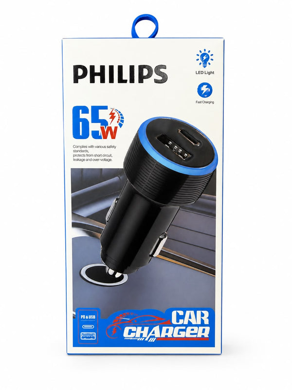 Philips 65W Car Charger - Dual PD & USB Fast Charging Adapter with LED Light