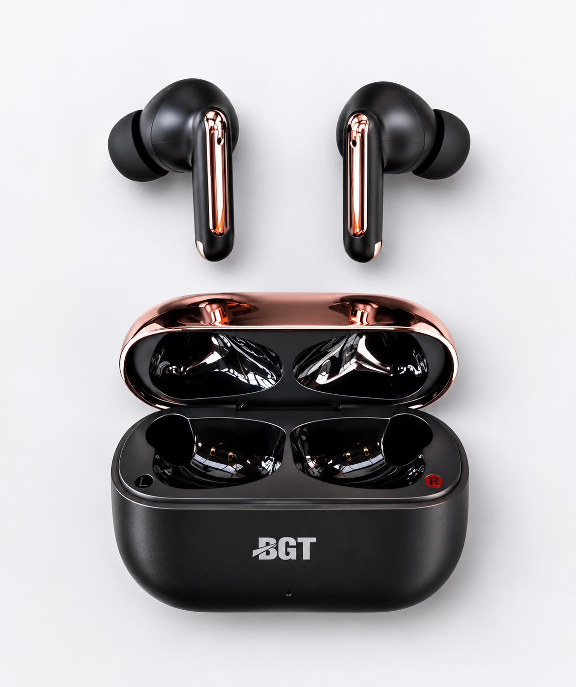 BGT Premio Wireless Earbuds – Bluetooth 5.3, ENC Noise Cancellation, 60H Playtime (Black/Rose Gold)