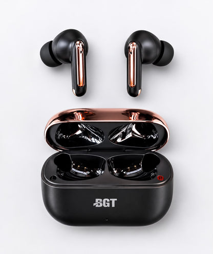 BGT Premio Wireless Earbuds – Bluetooth 5.3, ENC Noise Cancellation, 60H Playtime (Black/Rose Gold)