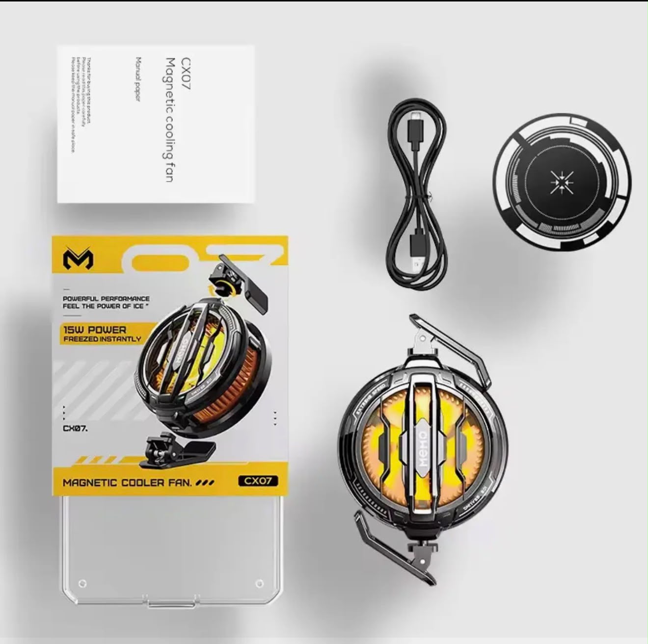 MEMO CX07 Magnetic Mobile Cooling Fan - unboxed with USB charging cable, magnetic mounting clip and user manual