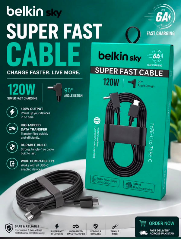Belkin Sky 120W Super Fast USB-C to USB-C Cable – 90° Angle Design (Black)
