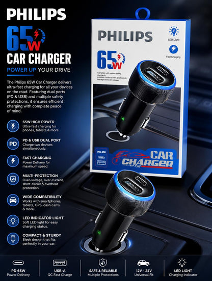 Philips 65W Car Charger - Dual PD & USB Fast Charging Adapter with LED Light