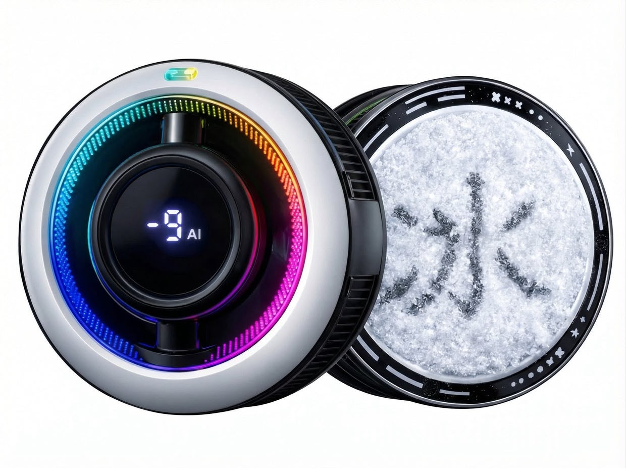 MEMO CX17 Magnetic Phone Cooler - front and back view showing frosted ice-pattern design and digital display