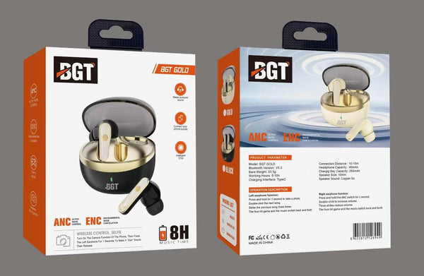 BGT Gold ANC + ENC True Wireless Earbuds - Bluetooth 5.3, 8H Music Time (Black/Gold)
