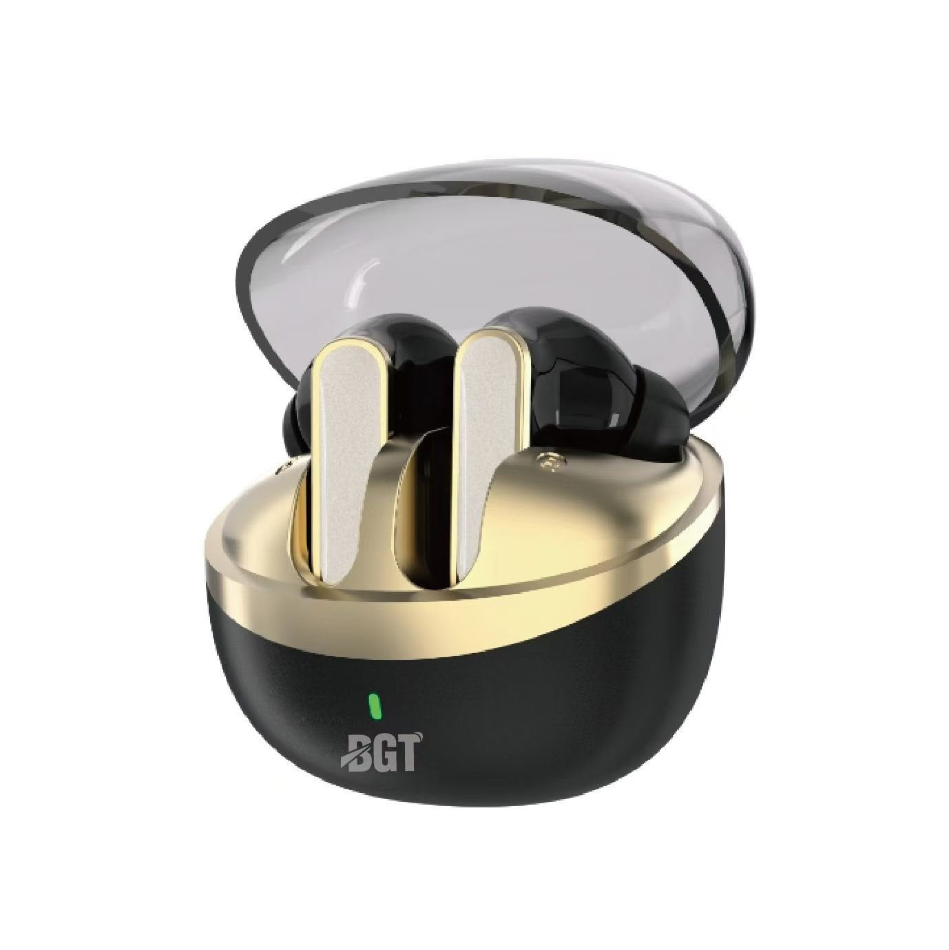 Black and gold wireless earbuds in an open charging case with a transparent lid, shown on a white background. The case has a visible 'SGT' logo and a small green indicator light.