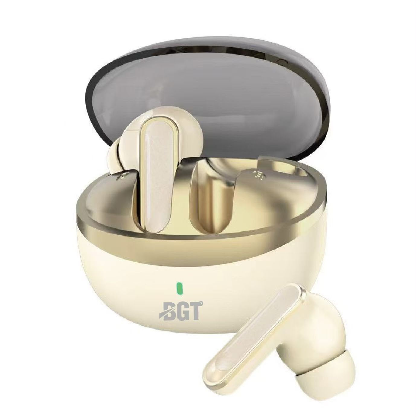 A pair of wireless earbuds in a metallic gold and cream charging case, with the case open and a second earbud placed in front on a white background.