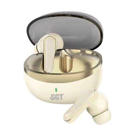 A pair of wireless earbuds in a metallic gold and cream charging case, with the case open and a second earbud placed in front on a white background.
