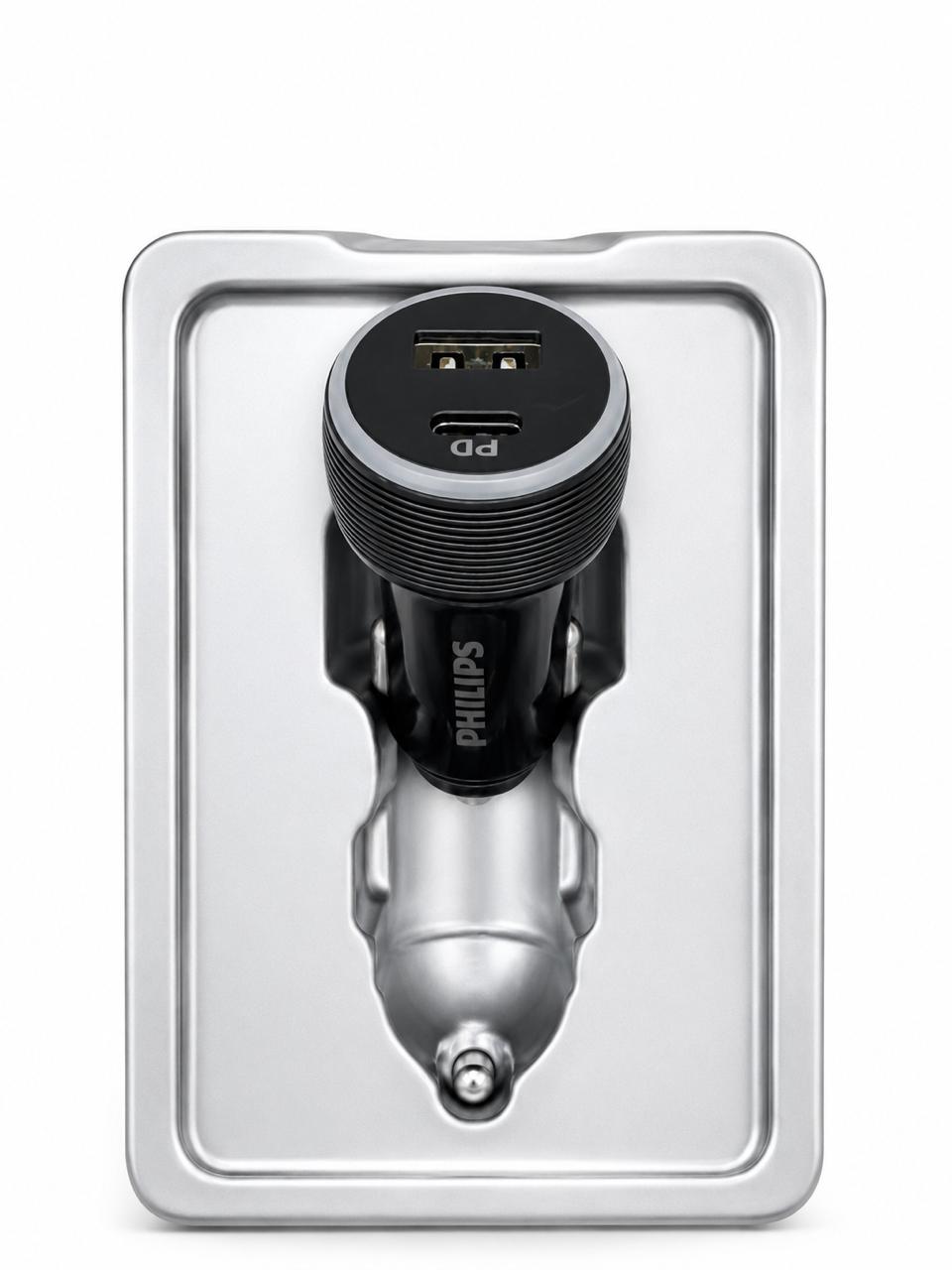 Philips 65W Car Charger - Dual PD & USB Fast Charging Adapter with LED Light